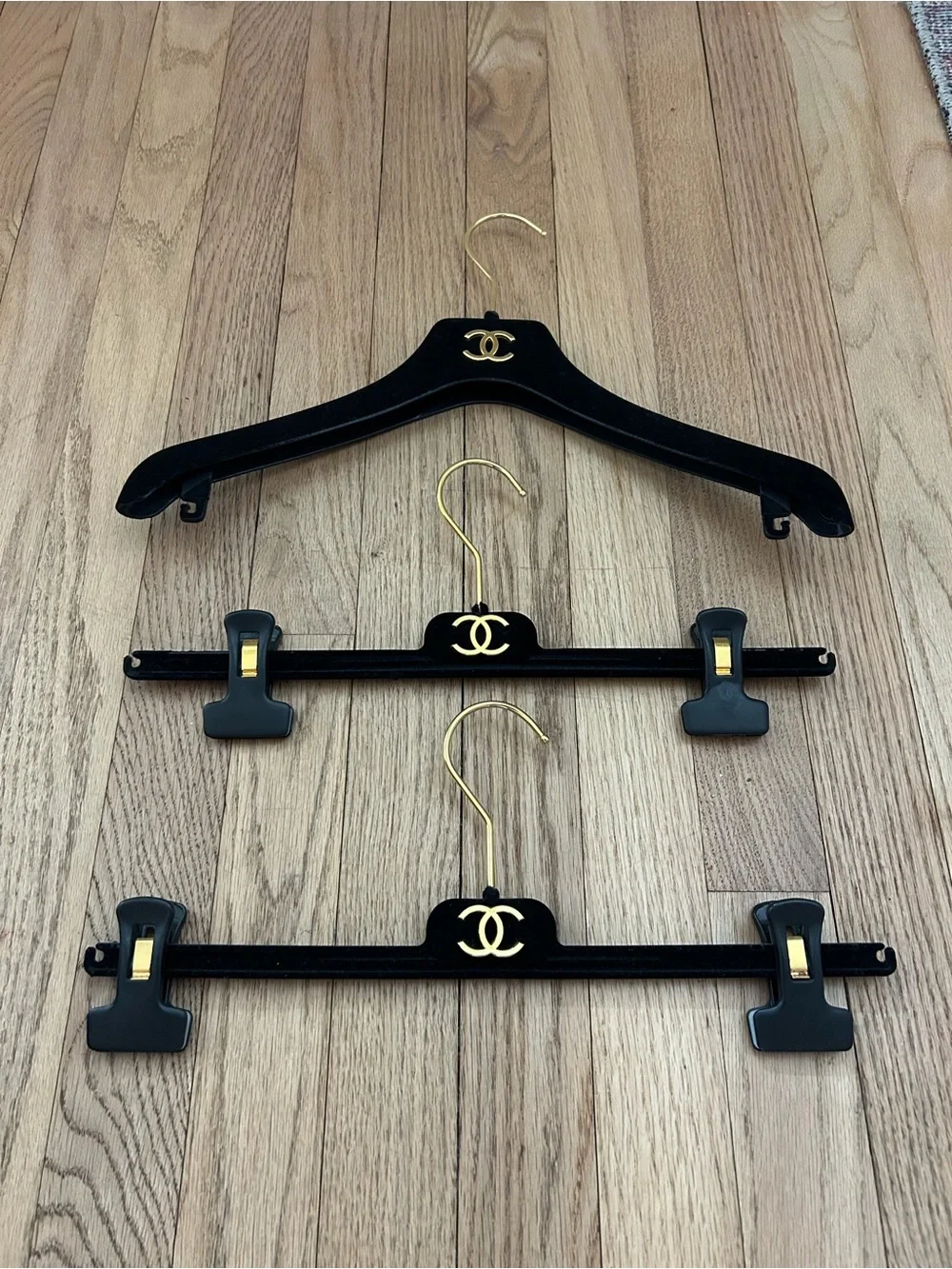 CHANEL Black and Gold Velvet Logo Hanger Trio